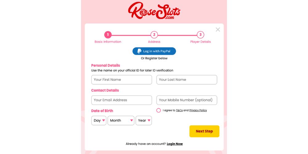 RoseSlots Registration