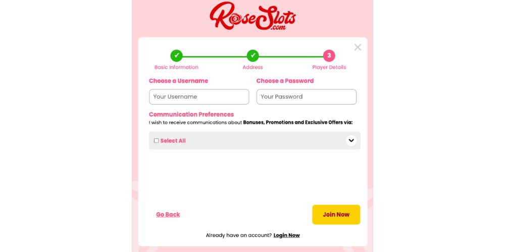 RoseSlots Registration