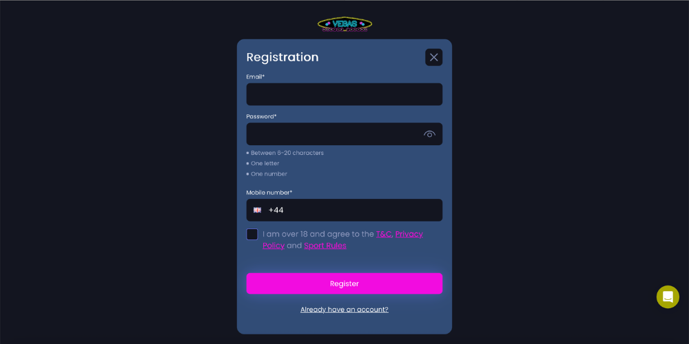 Registration Vegas Mobile Casino step 2