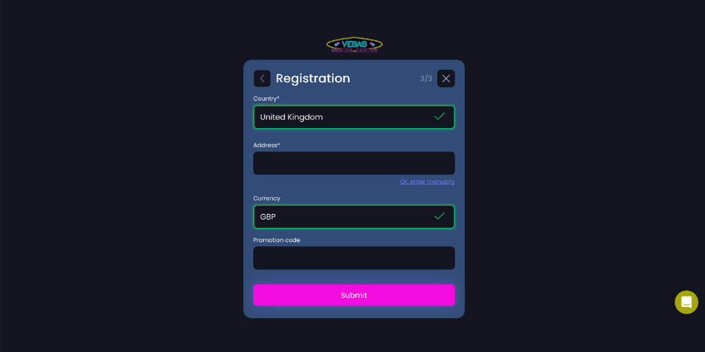 Registration Vegas Mobile Casino step 4