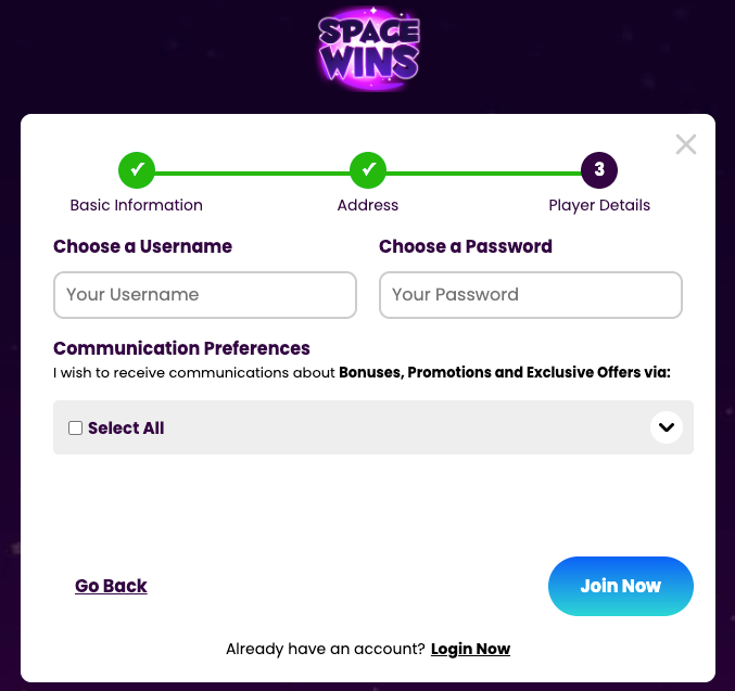 Space Wins registration screenshot