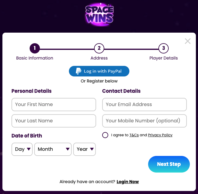Space Wins registration screenshot