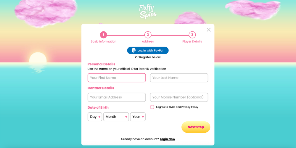 Fluffy Spins Registration step 1