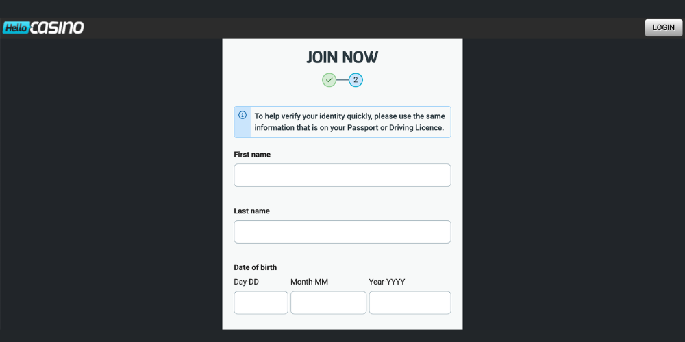 Hello Casino Registration step 2