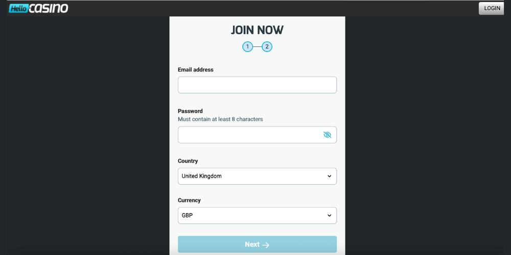 Hello Casino registration step 1