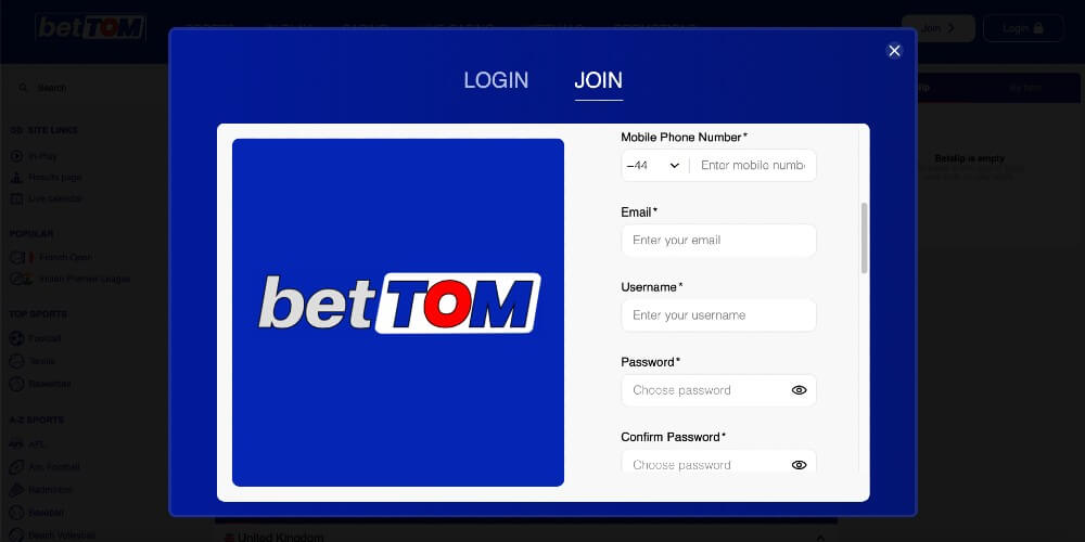 betTOM Casino Registration